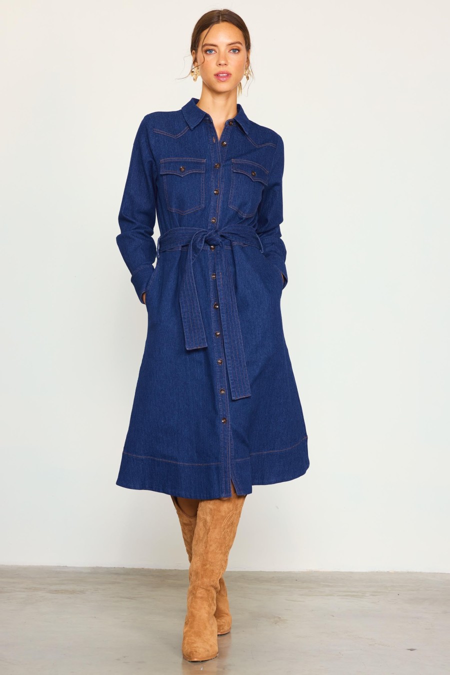 Women Skyes Are Blue Midi Dresses | Long Sleeve Denim Shirt Dress