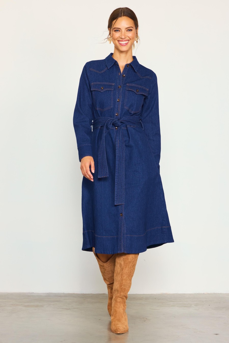 Women Skyes Are Blue Midi Dresses | Long Sleeve Denim Shirt Dress