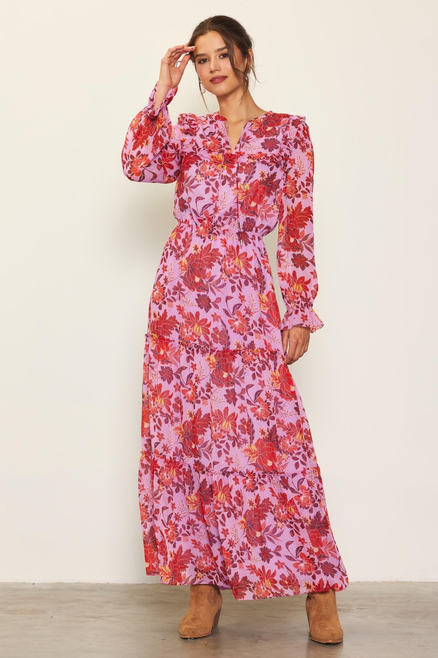 Women Skyes Are Blue Maxi Dresses | Dahlia Print Longsleeve Maxi Dress