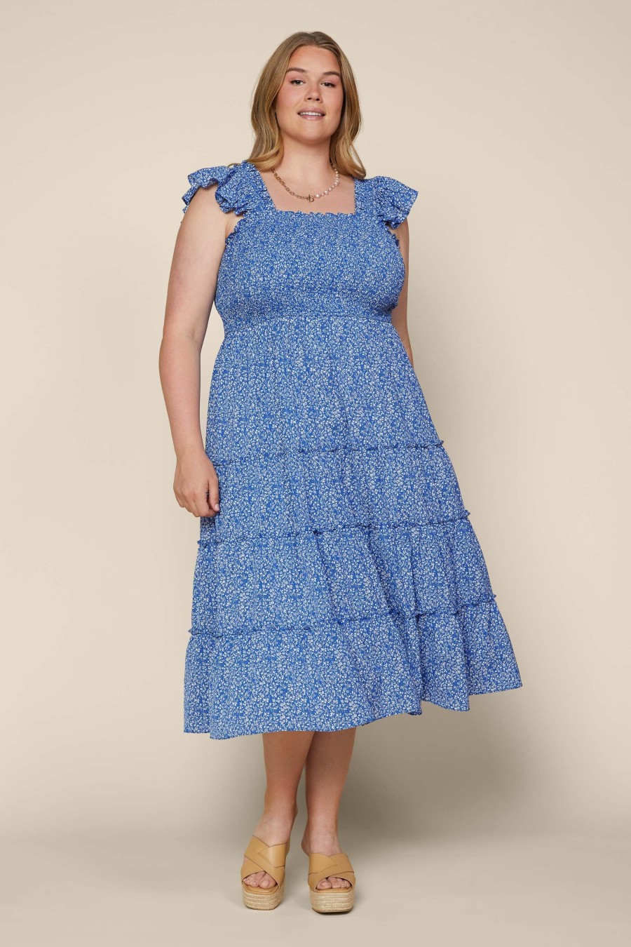 Women Skyes Are Blue Midi Dresses | Plus Size - Floral Smocked Midi Dress