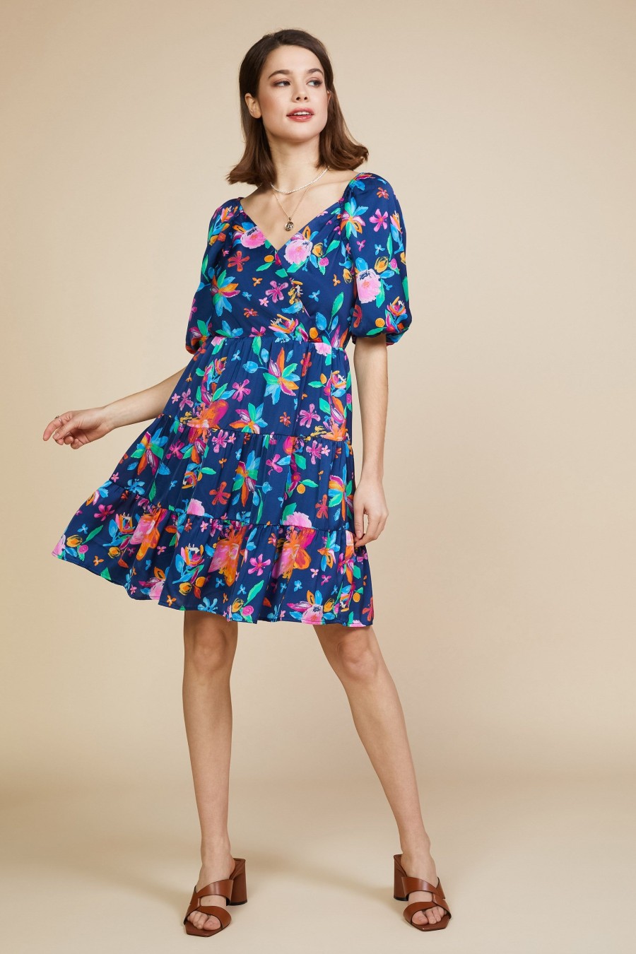 Women Skyes Are Blue Mini Dresses | Aquatic Floral Surplice Short Dress