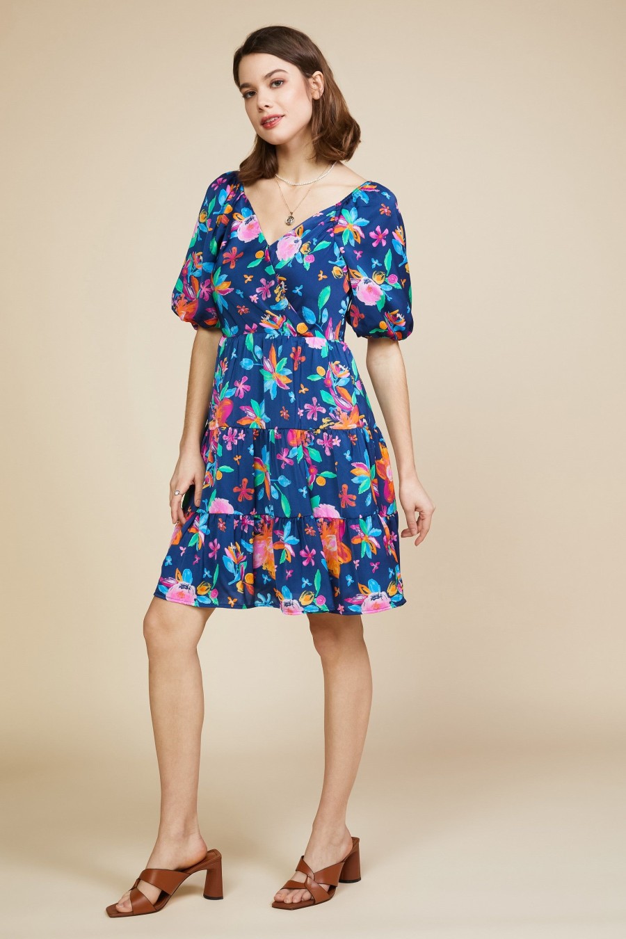 Women Skyes Are Blue Mini Dresses | Aquatic Floral Surplice Short Dress