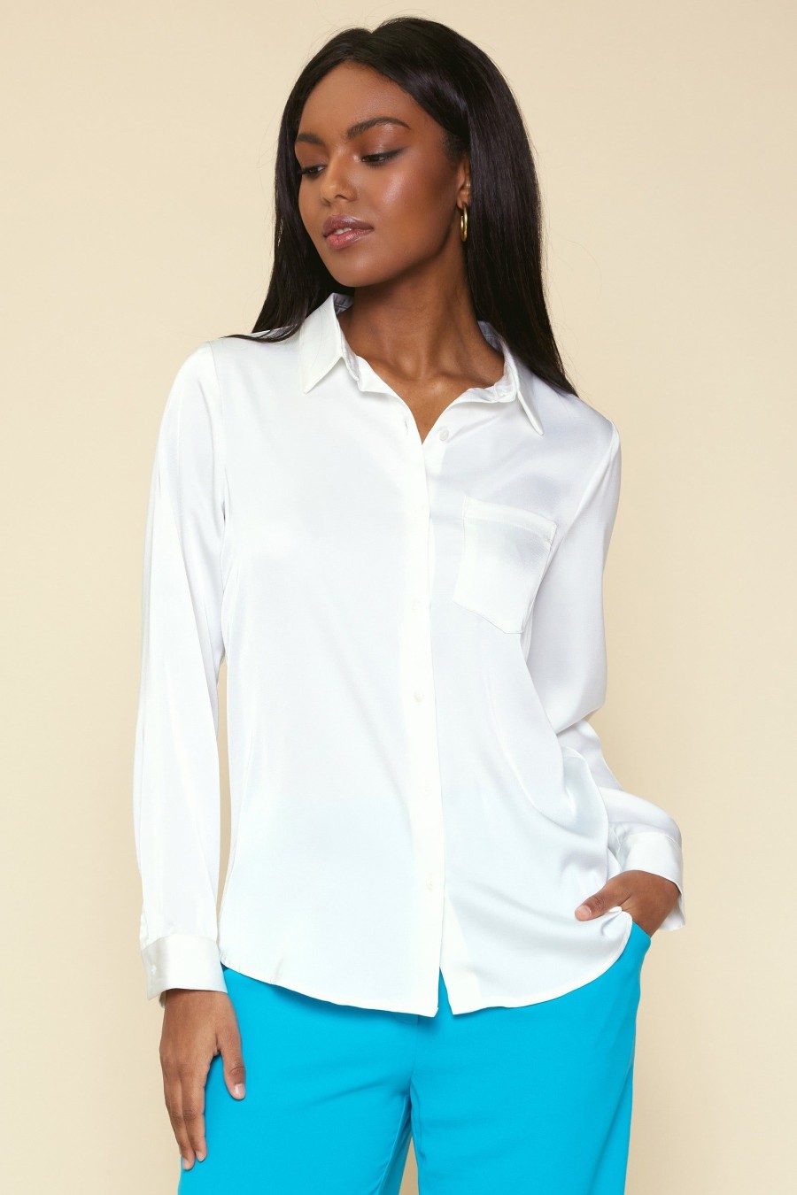 Women Skyes Are Blue Long Sleeve Tops | Satin Button Down Shirt