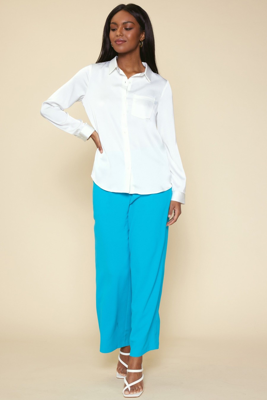 Women Skyes Are Blue Long Sleeve Tops | Satin Button Down Shirt