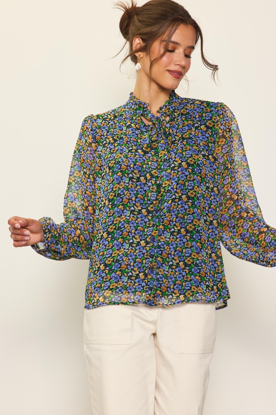 Women Skyes Are Blue Blouses | Daisy Print Neck Tie Blouse