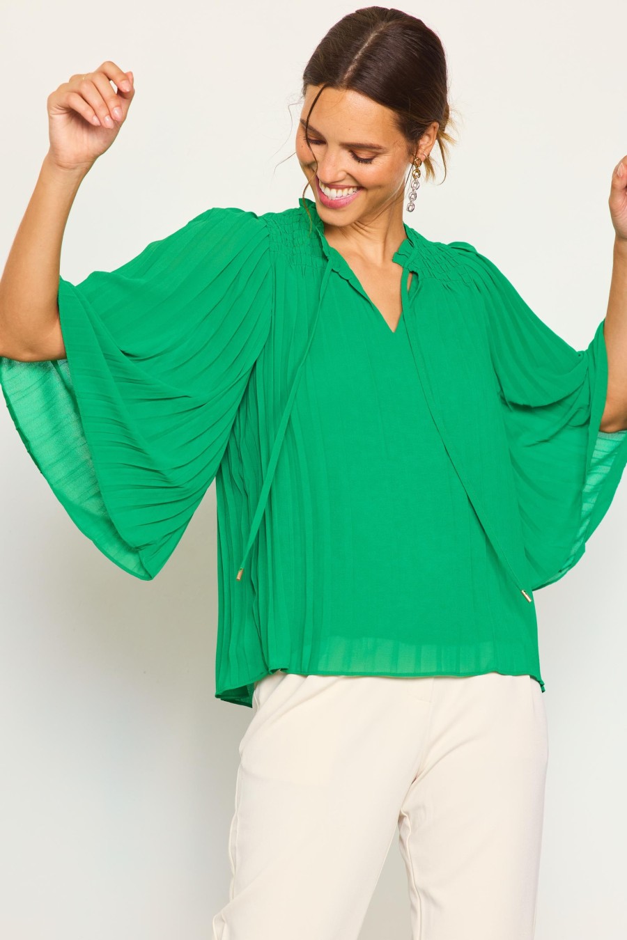 Women Skyes Are Blue Long Sleeve Tops | Pleated Ruffled Trim Top