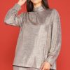 Women Skyes Are Blue Long Sleeve Tops | Metallic Foil Print Mock Neck Top