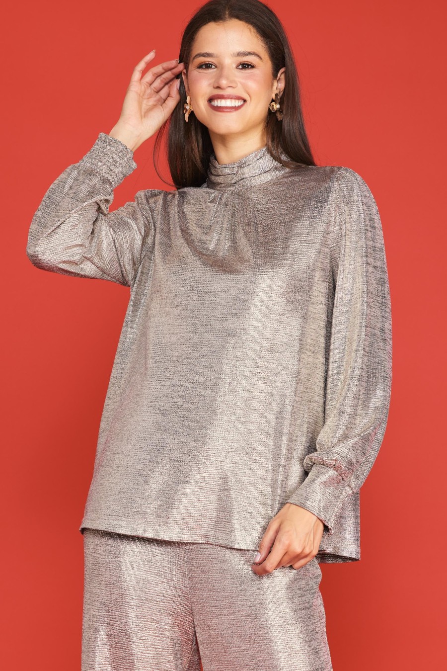 Women Skyes Are Blue Long Sleeve Tops | Metallic Foil Print Mock Neck Top