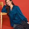 Women Skyes Are Blue Long Sleeve Tops | Recycled Crinkle Satin Buttondown