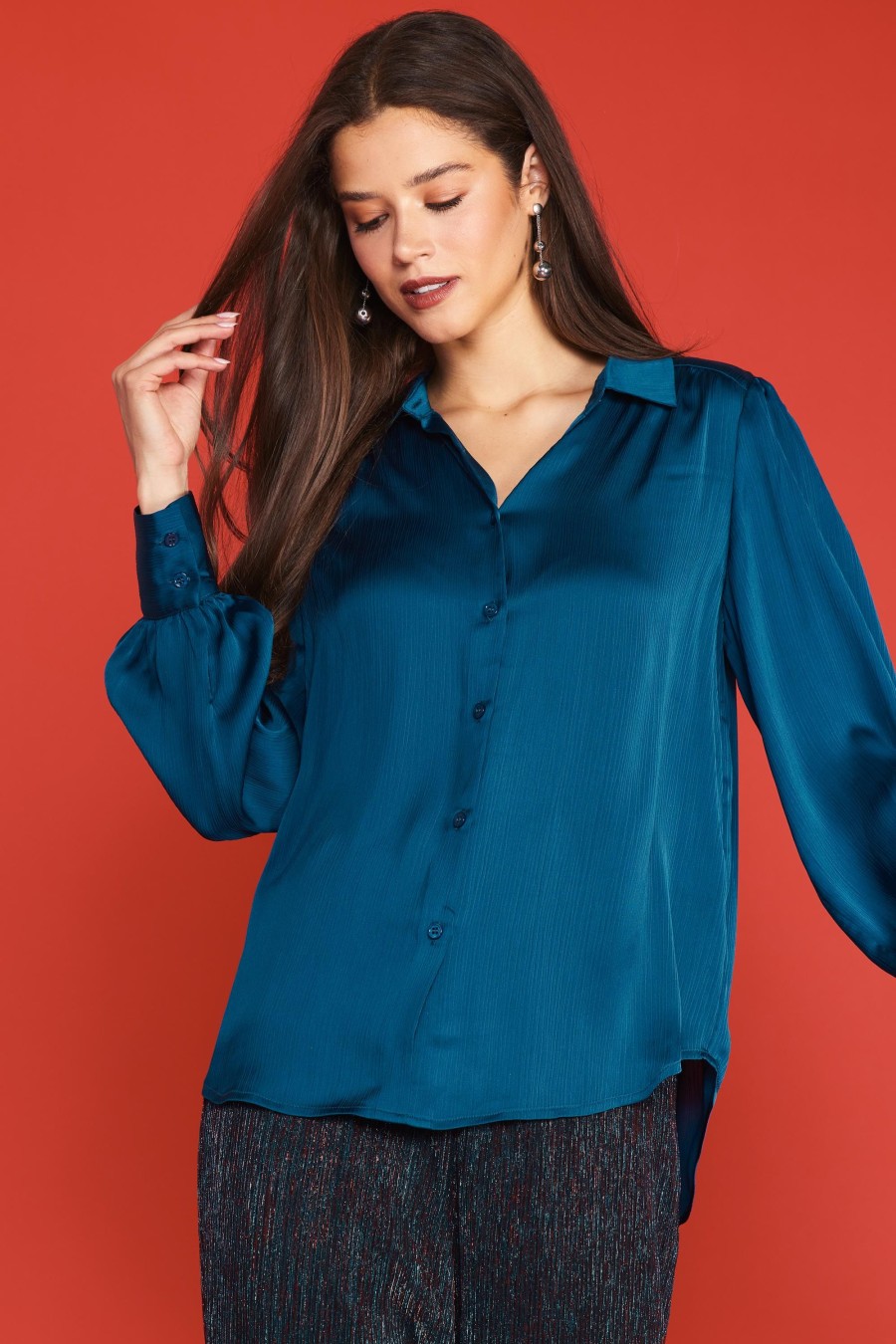 Women Skyes Are Blue Long Sleeve Tops | Recycled Crinkle Satin Buttondown