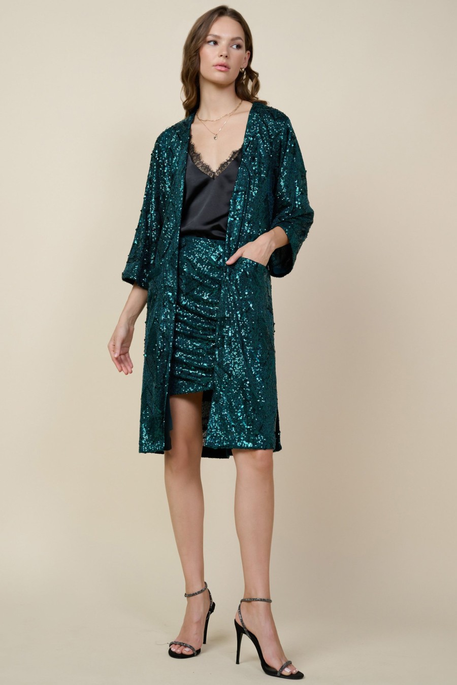 Women Skyes Are Blue Outerwear | Belted Sequin Duster