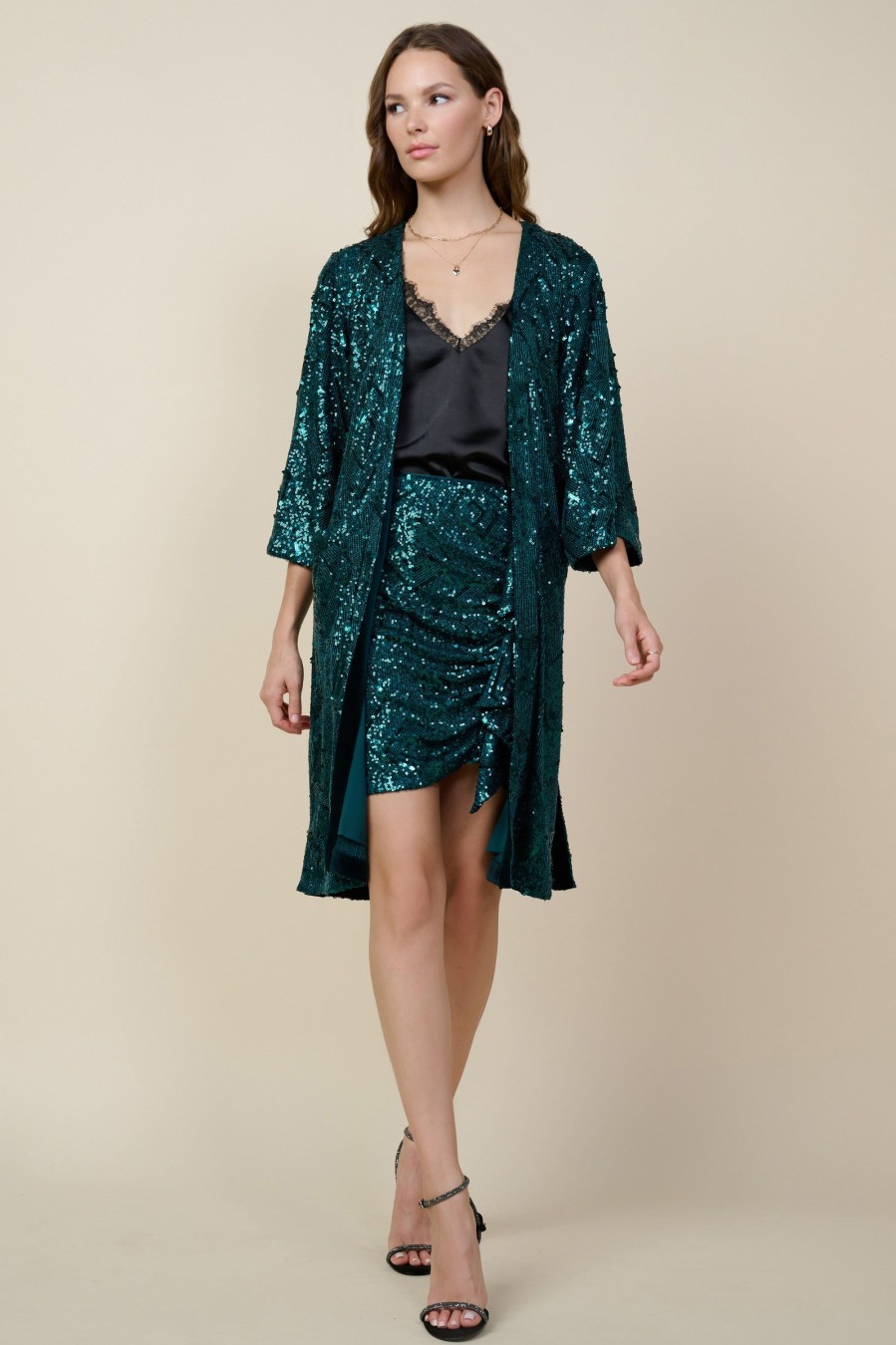 Women Skyes Are Blue Outerwear | Belted Sequin Duster