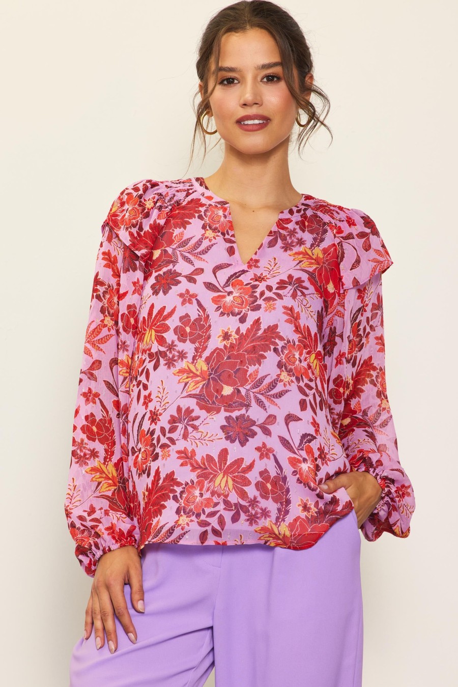 Women Skyes Are Blue Blouses | Dahlia Print Longsleeve Blouse