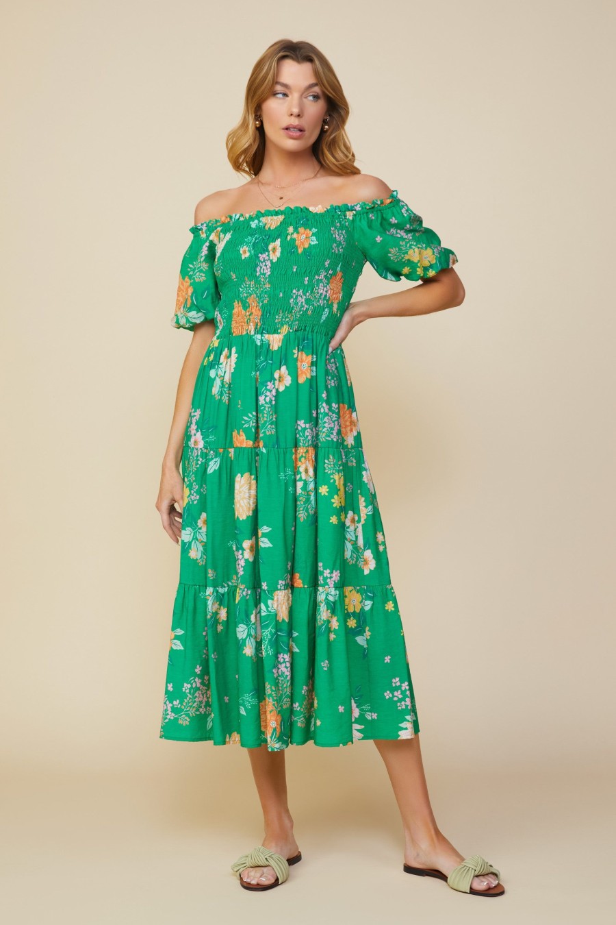 Women Skyes Are Blue Midi Dresses | Fleur Print Off Shoulder Midi Dress